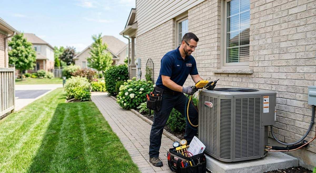 HVAC technician with digital marketing dashboard showing leads and campaigns