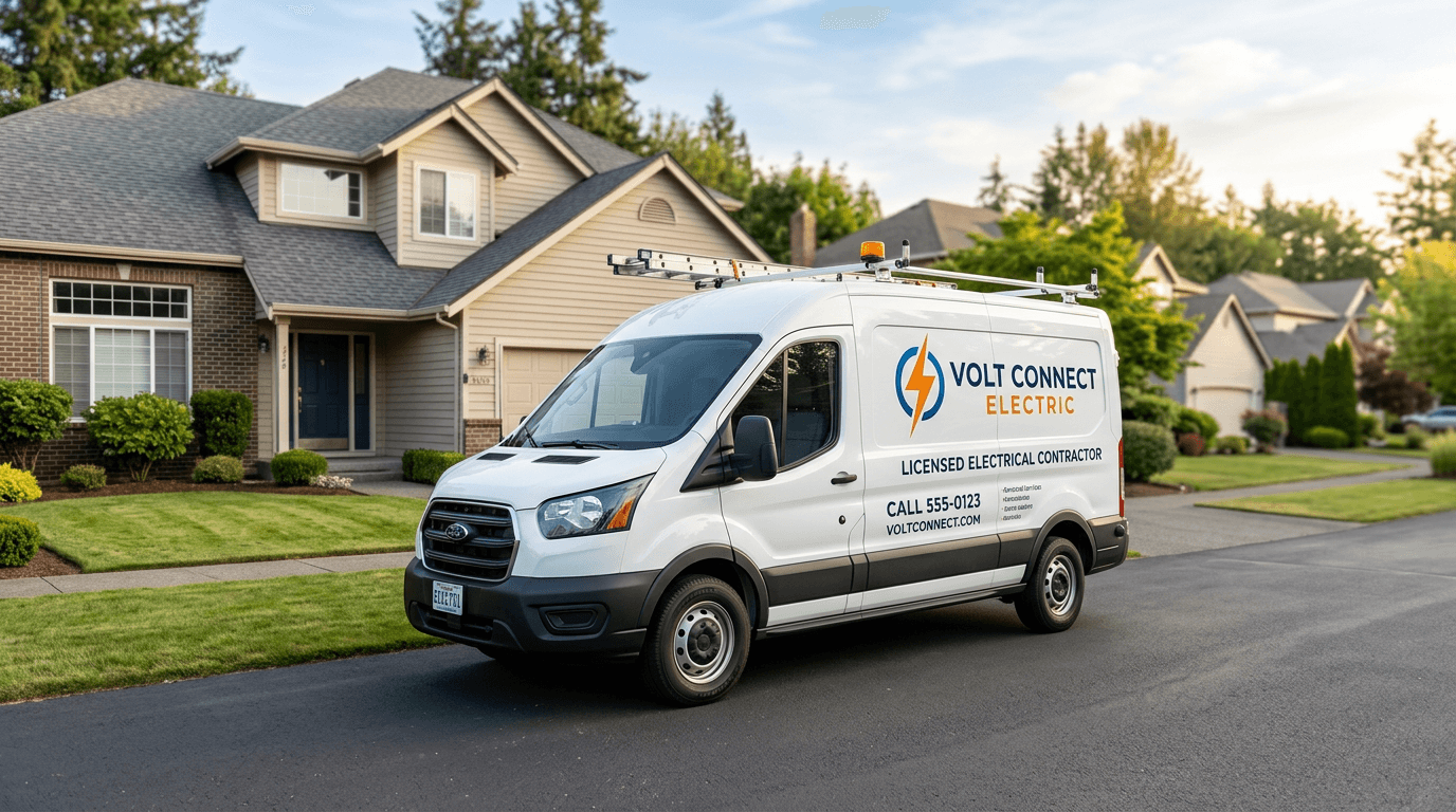 Branded electrical contractor van parked in a residential driveway