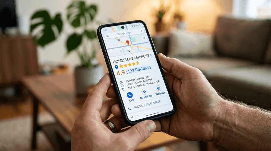 Close-up of a smartphone showing a Google Maps business listing with 4.9 stars and 127 reviews