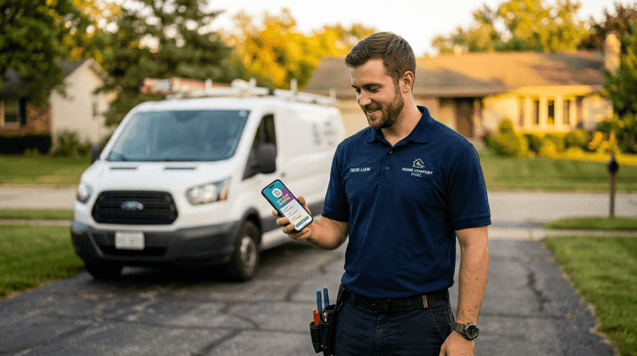 HVAC technician checking a new lead notification on his smartphone with a service van in the background