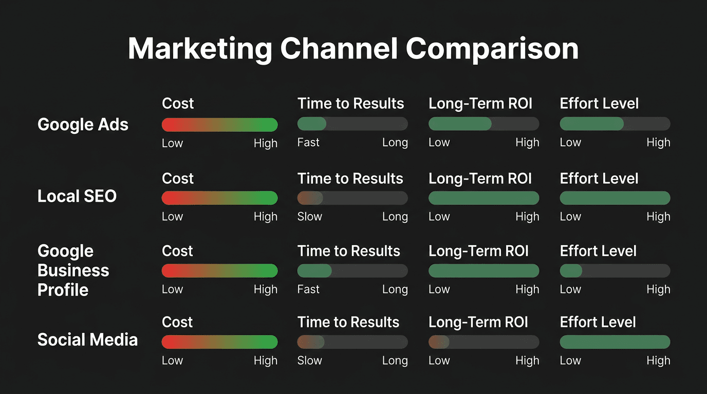 Bar chart comparing Google Ads, Local SEO, Google Business Profile, and Social Media across cost, time to results, long-term ROI, and effort level