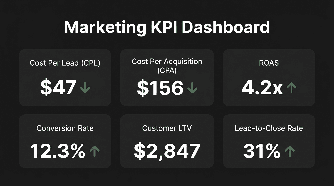 Marketing KPI dashboard mockup showing key metrics for home service contractors