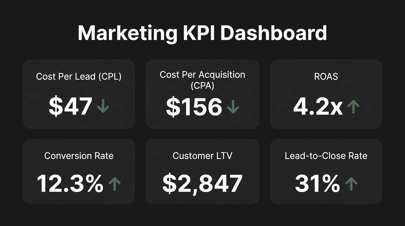 Marketing KPI dashboard mockup showing key metrics for home service contractors