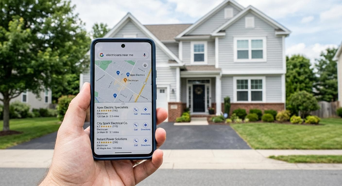 Electrician reviewing Google Maps rankings on a phone next to a service van in a residential neighborhood