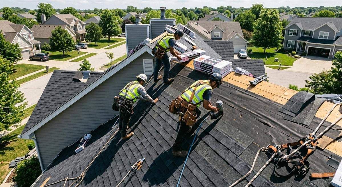 Roofing contractor on phone taking a lead call with truck in background