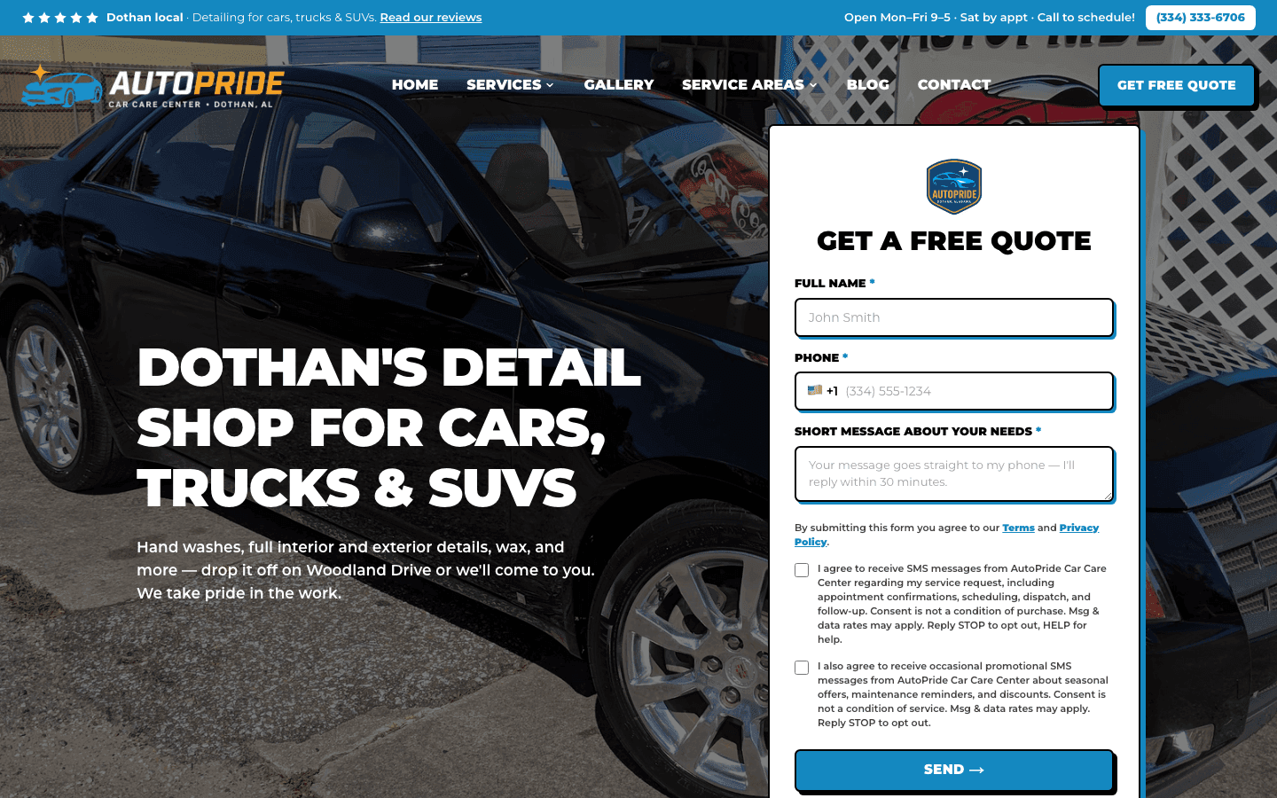 Screenshot of the AutoPride Car Care Center website