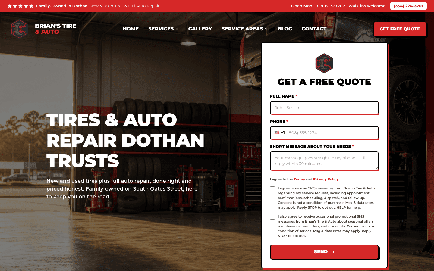 Screenshot of the Brian's Tire & Auto website