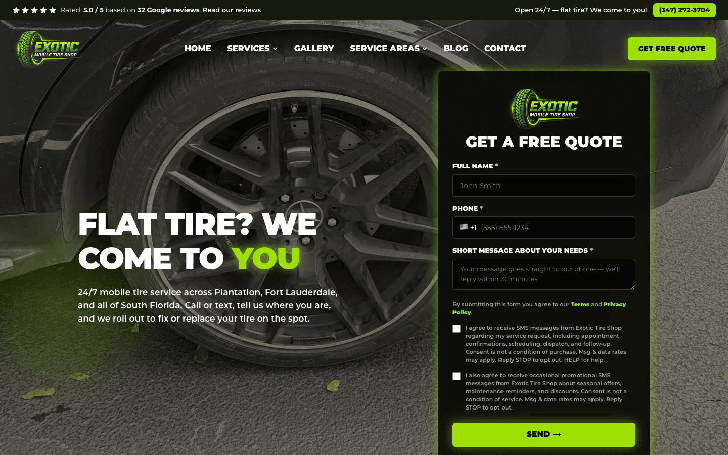 Screenshot of the Exotic Tire Shop website