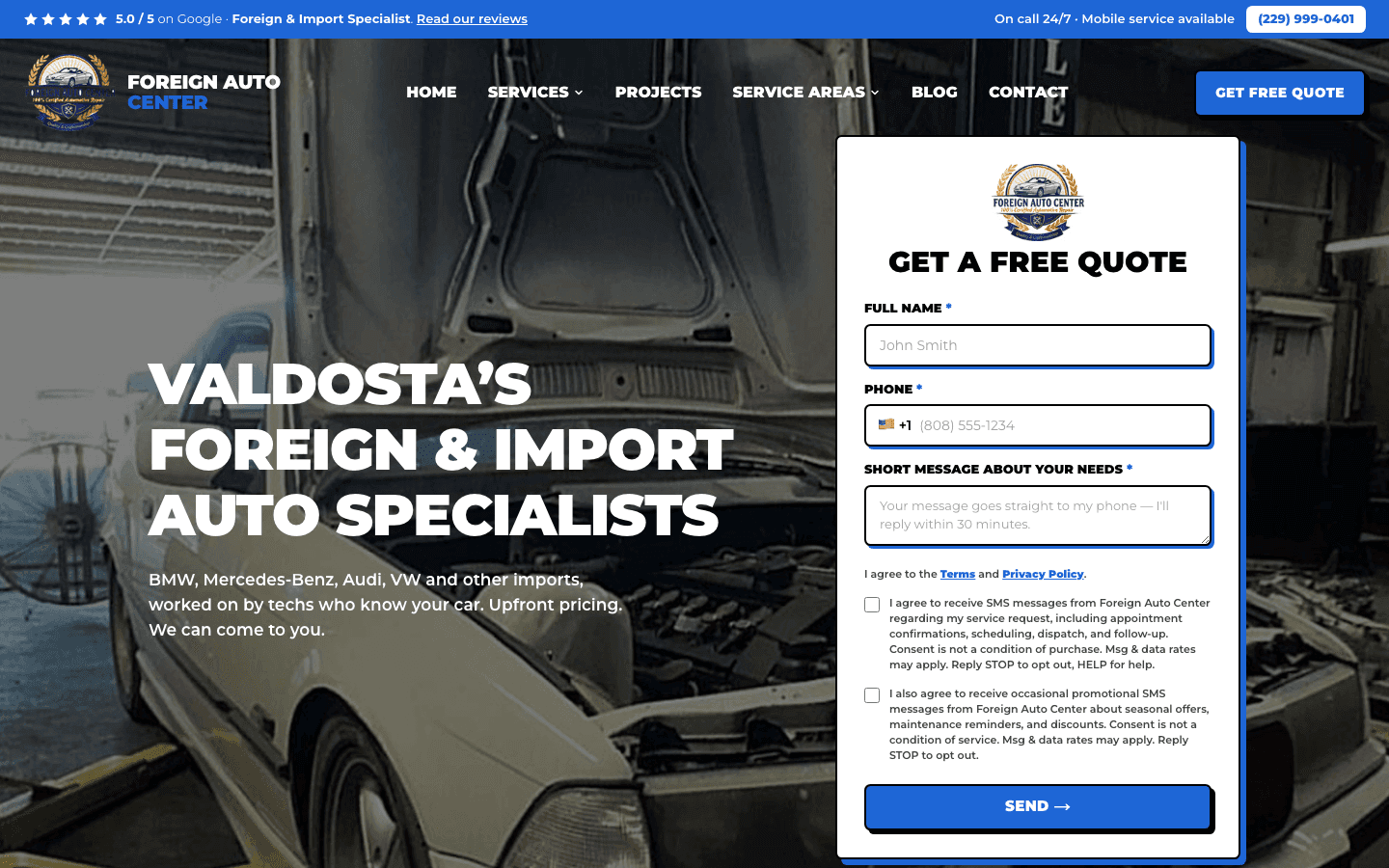 Screenshot of the Foreign Auto Center website