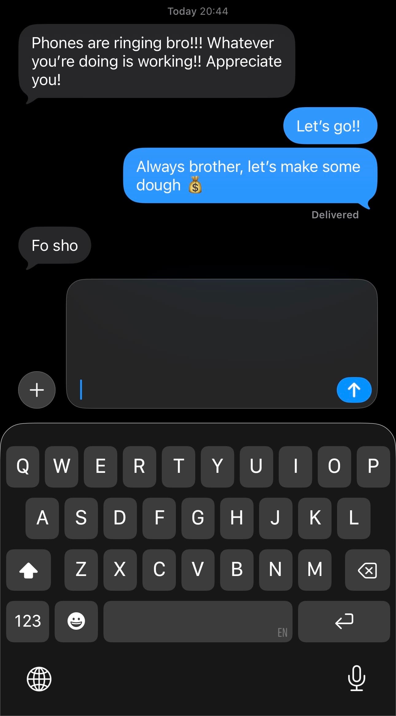 Text message from a client saying: Phones are ringing bro! Whatever you're doing is working! Appreciate you!